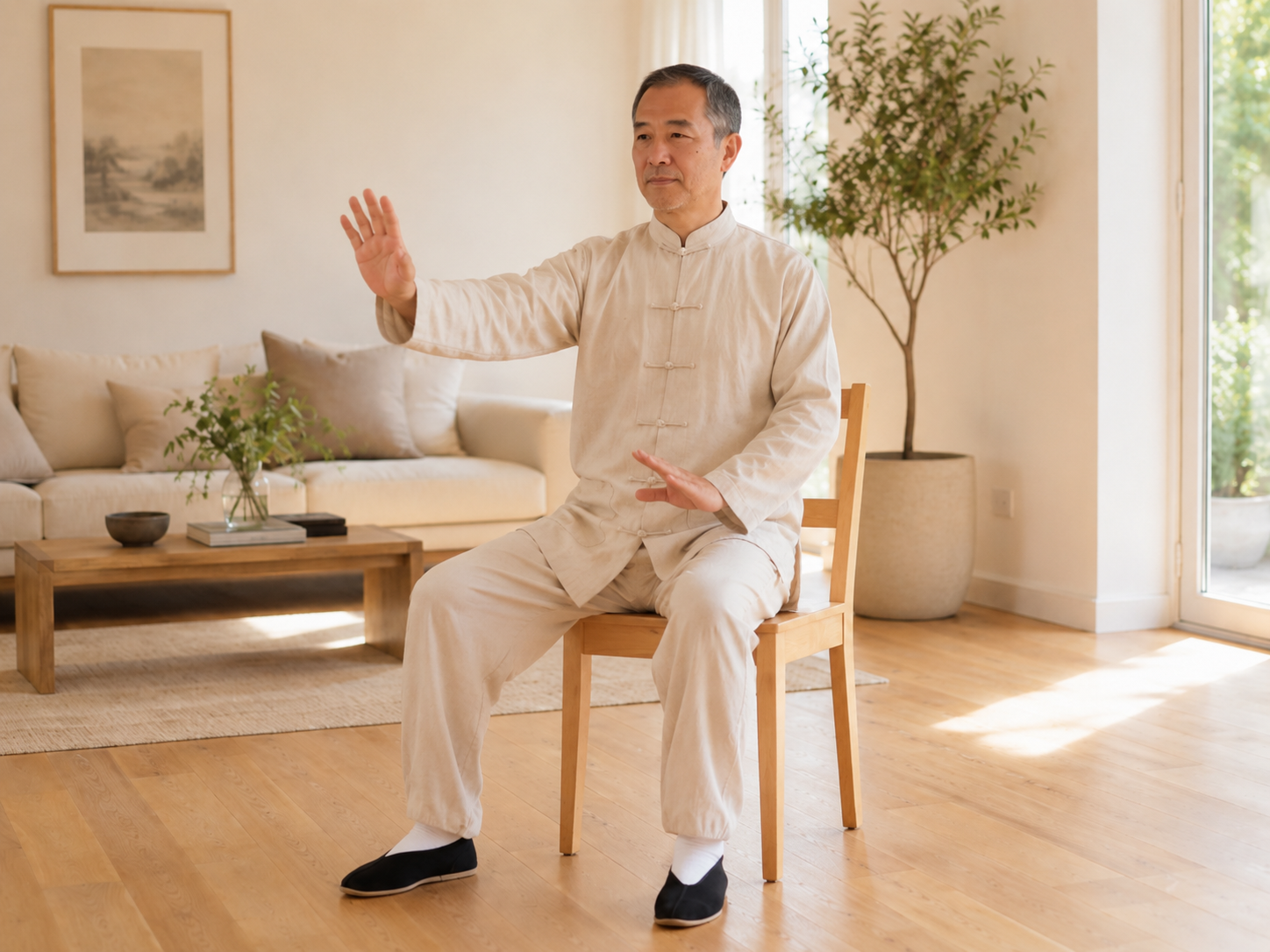 A person performing a gentle seated Tai Chi movement in a bright home