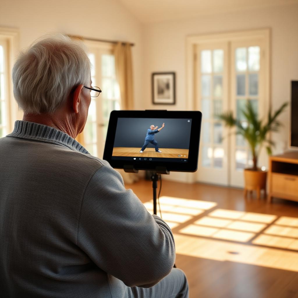 Tablet showing a follow along Tai Chi video session