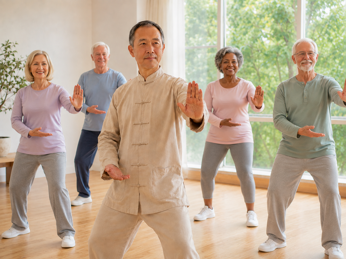 A gentle Tai Chi class led by the instructor with students in a bright studio